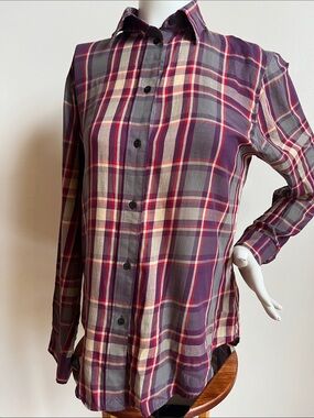 Classic Plaid Button-Up Shirt in Purple and Cream